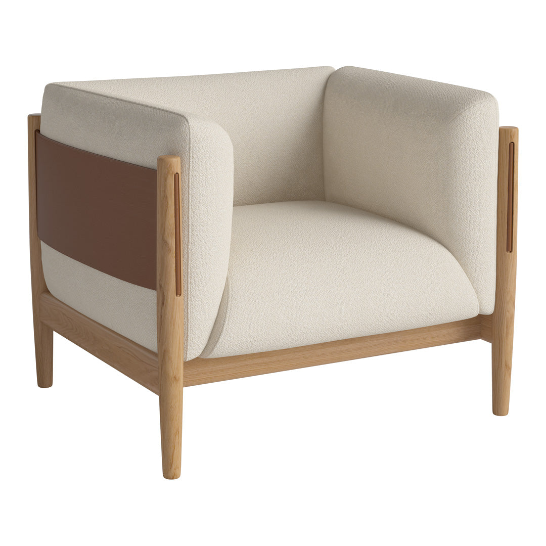 Beige and brown accent chair with a modern design and natural wood frame, featuring a minimalist color block pattern.