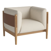 Beige and brown accent chair with a modern design and natural wood frame, featuring a minimalist color block pattern.