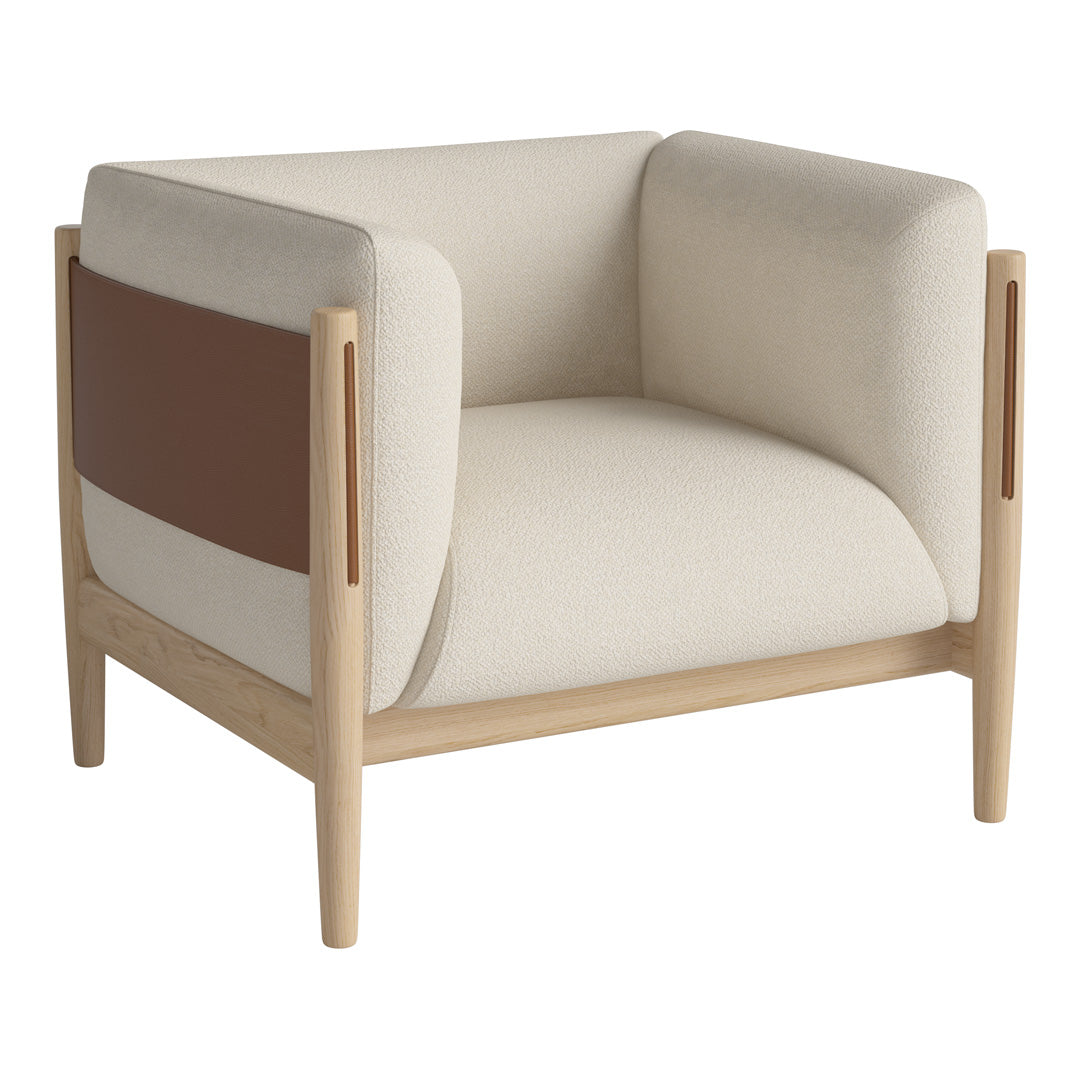 Beige and brown accent chair with clean lines and a modern design, featuring a light wood frame.
