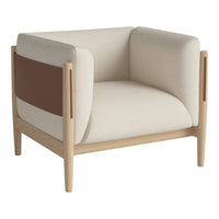 Beige and brown accent chair with clean lines and a modern design, featuring a light wood frame.
