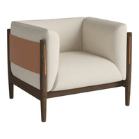 Cream and brown modern armchair with a sleek wood frame and subtle color block pattern. Perfect for contemporary decor.