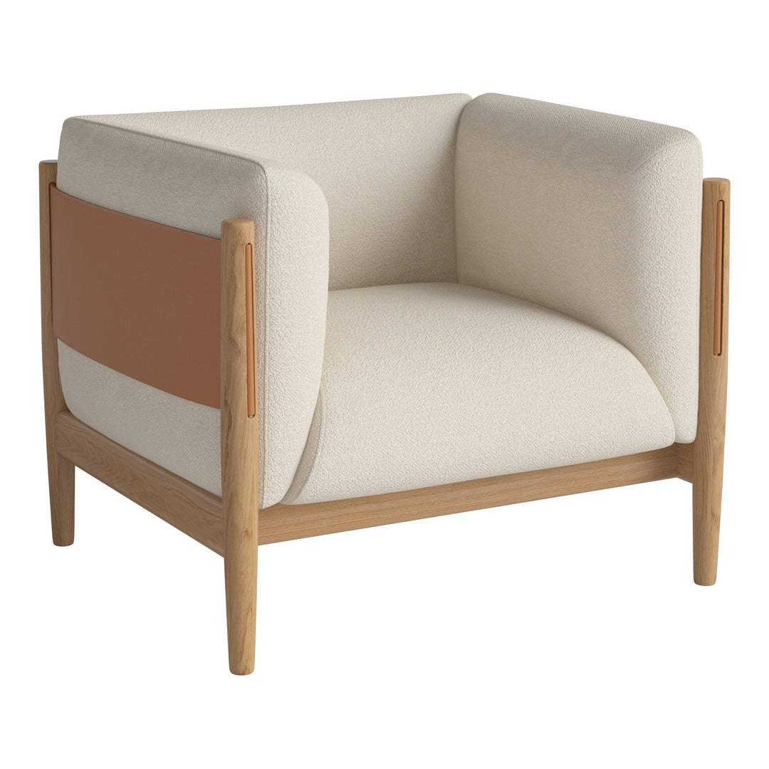 Beige and cream cushion armchair with brown accent panel and light wood frame, offering a modern, minimalist design.