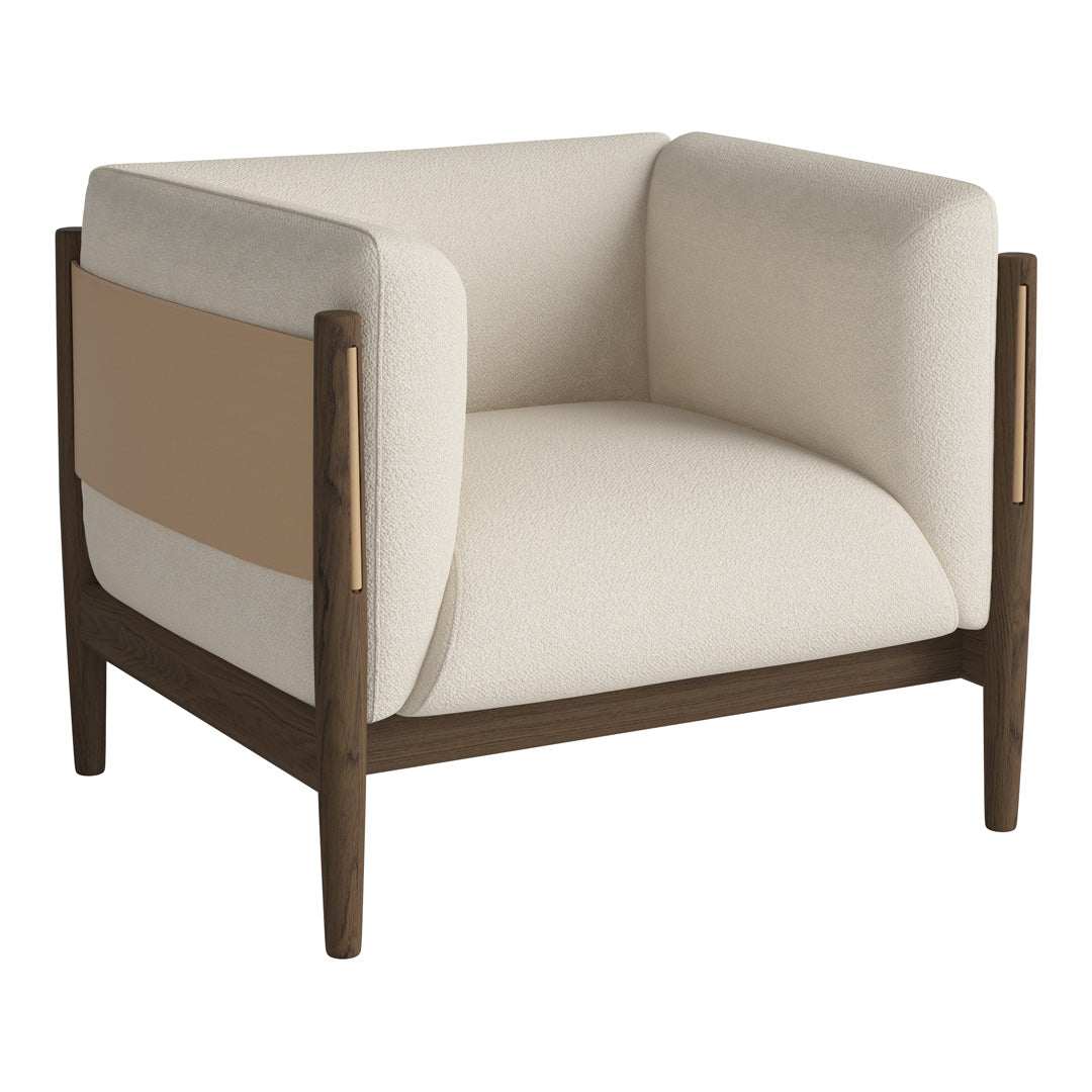 Beige upholstered armchair with a minimalist design, featuring a light tan accent and dark wood frame.