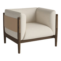 Beige upholstered armchair with a minimalist design, featuring a light tan accent and dark wood frame.