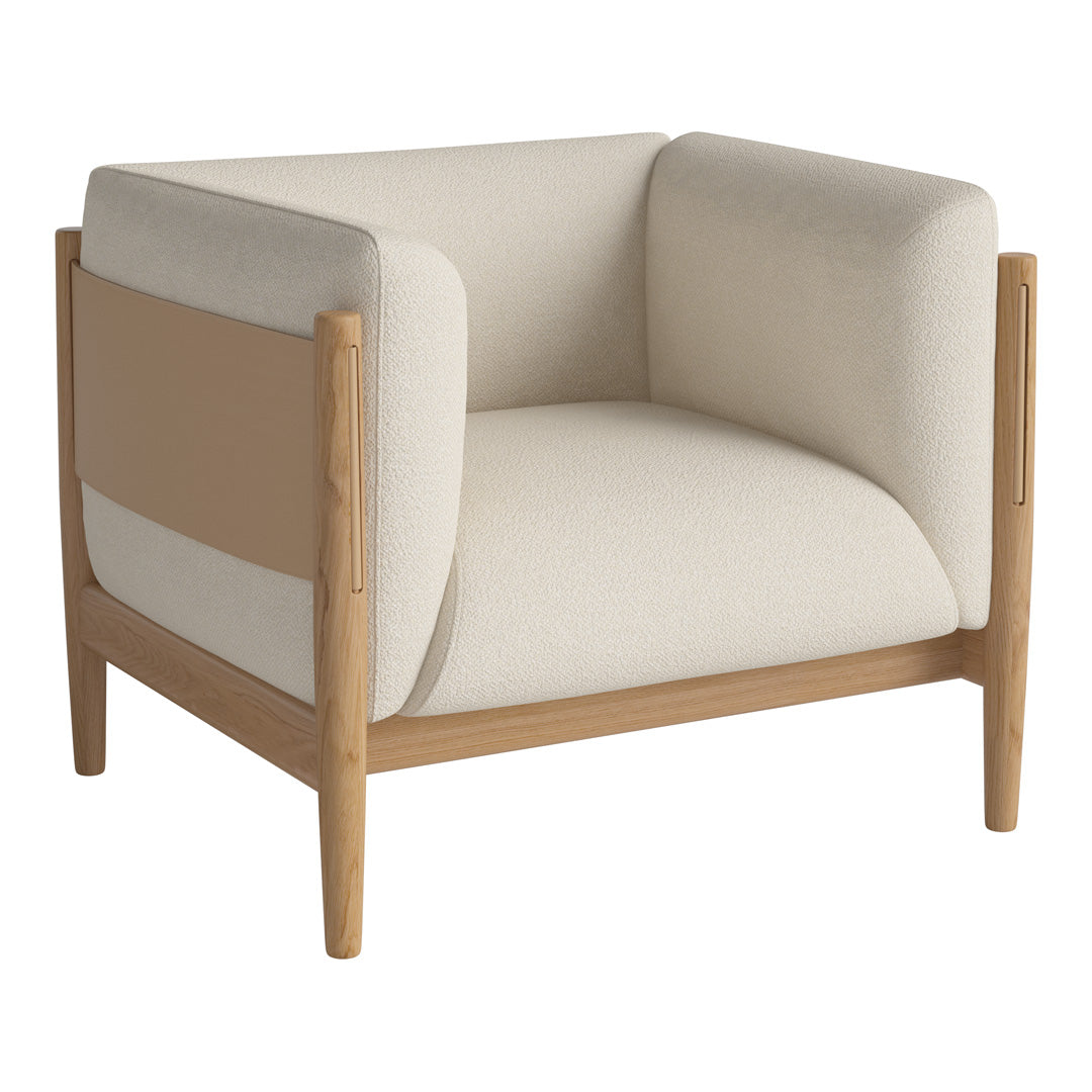Cream and beige upholstered chair with light wood frame, featuring a minimalist design and soft, neutral colors.