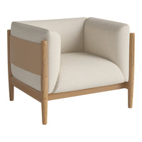 Cream and beige upholstered chair with light wood frame, featuring a minimalist design and soft, neutral colors.