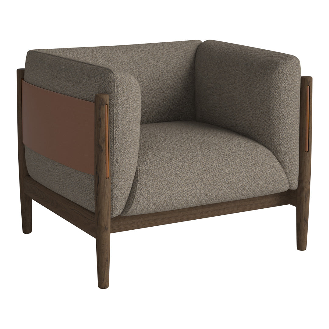Gray upholstered armchair with brown leather accent and dark wood frame, featuring a modern, minimalist design.