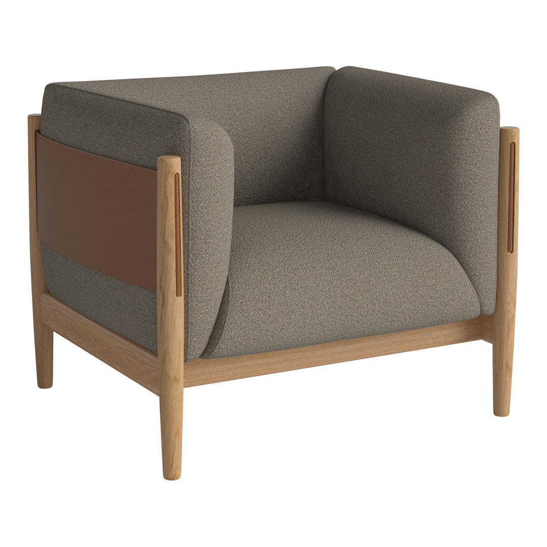 Gray and brown upholstered armchair with wooden legs and modern geometric design. Ideal for contemporary interiors.