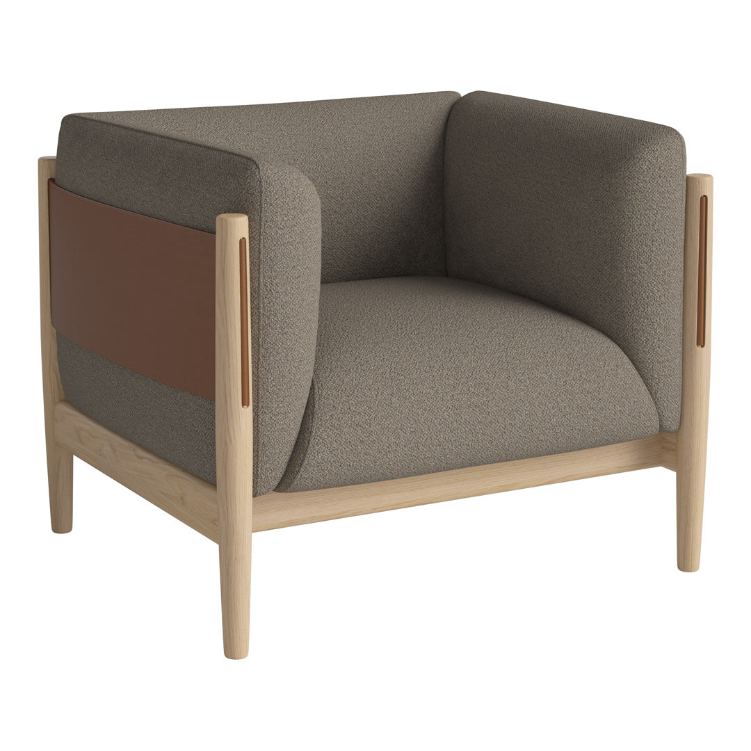 Modern armchair featuring a neutral gray fabric with brown accents and a light wooden frame. Ideal for contemporary decor.