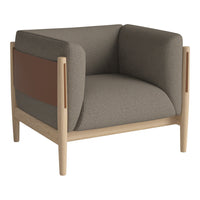 Modern armchair featuring a neutral gray fabric with brown accents and a light wooden frame. Ideal for contemporary decor.