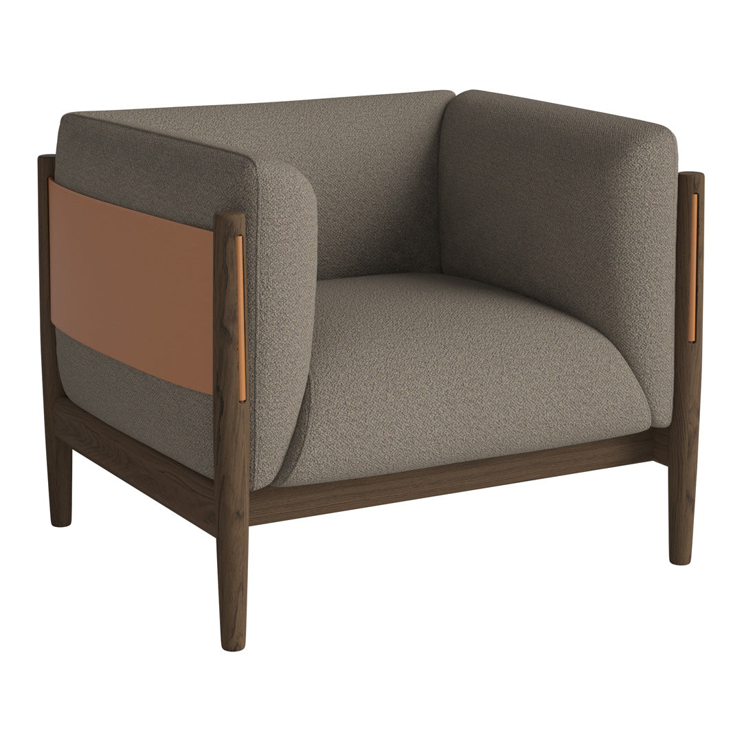 Gray upholstered armchair with a modern brown wooden frame and distinctive tan accent panel.