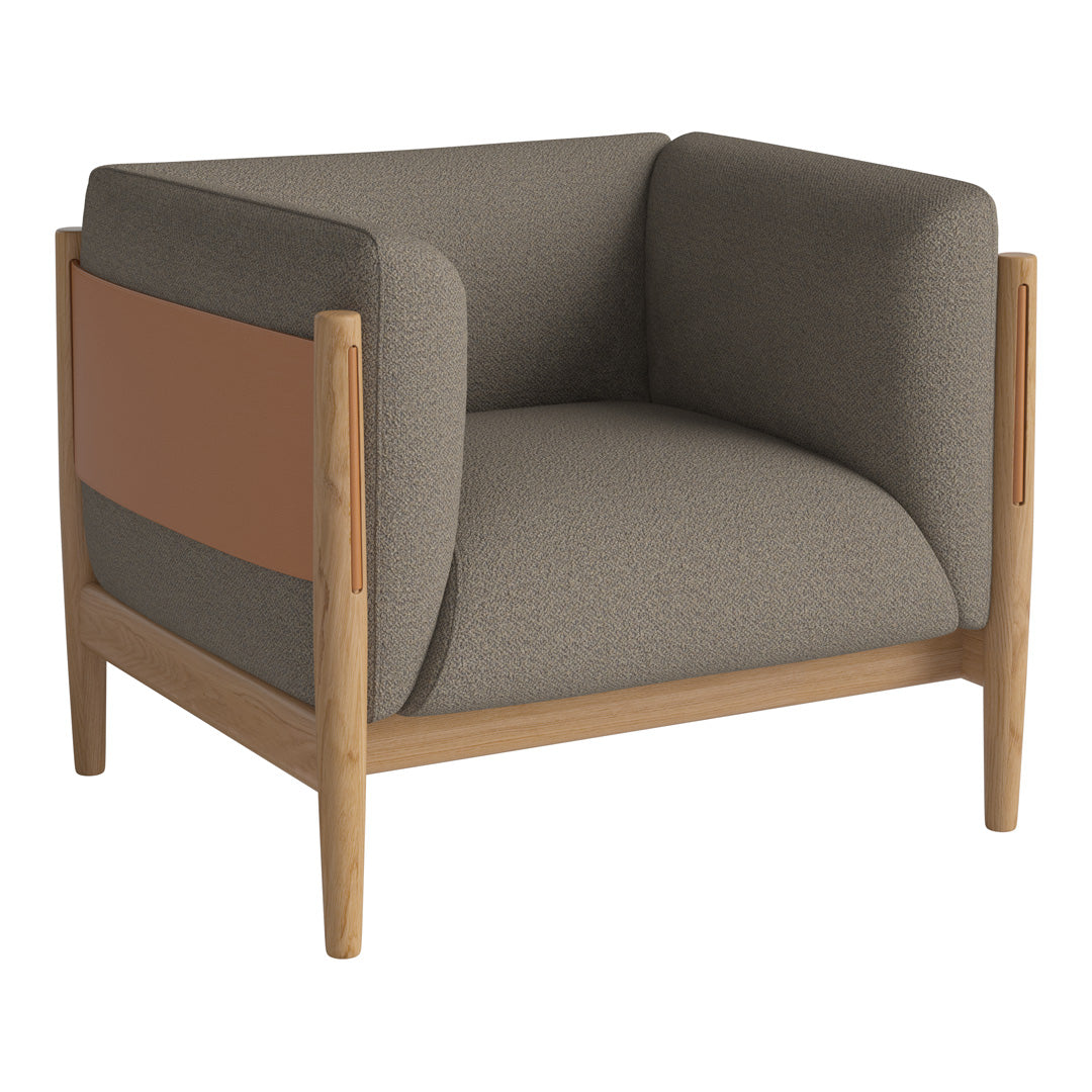 Stylish beige and brown upholstered armchair with a wooden frame, featuring a modern, minimalist design.