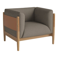 Stylish beige and brown upholstered armchair with a wooden frame, featuring a modern, minimalist design.
