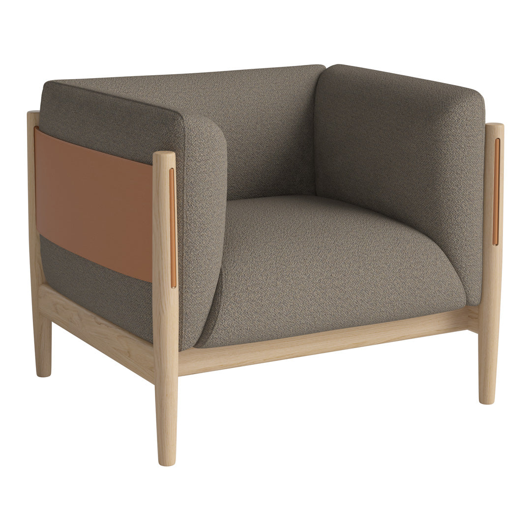 "Modern armchair featuring gray upholstery with a stylish brown accent and light wooden legs."