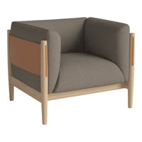 "Modern armchair featuring gray upholstery with a stylish brown accent and light wooden legs."