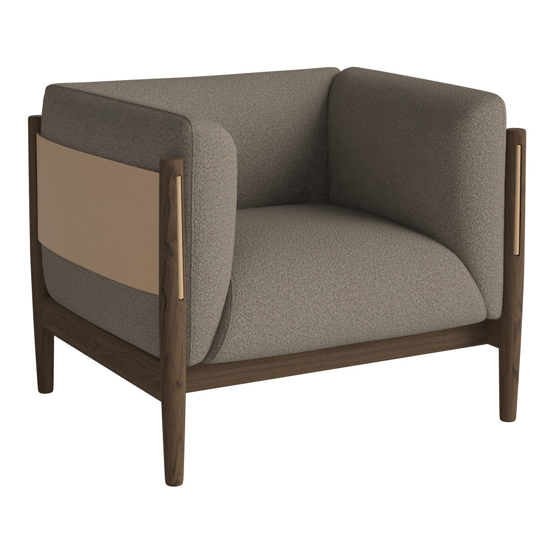 Modern accent chair featuring a grey upholstery and beige panel, complemented by dark wood legs and accents.