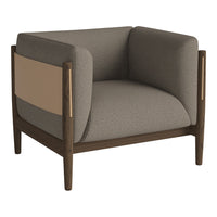 Modern accent chair featuring a grey upholstery and beige panel, complemented by dark wood legs and accents.