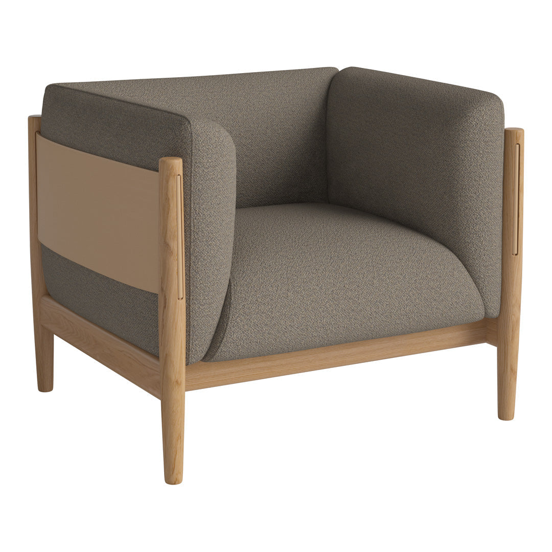 Modern beige and gray armchair with a minimalist design and wooden accents, featuring smooth, textured upholstery patterns.