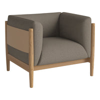 Modern beige and gray armchair with a minimalist design and wooden accents, featuring smooth, textured upholstery patterns.