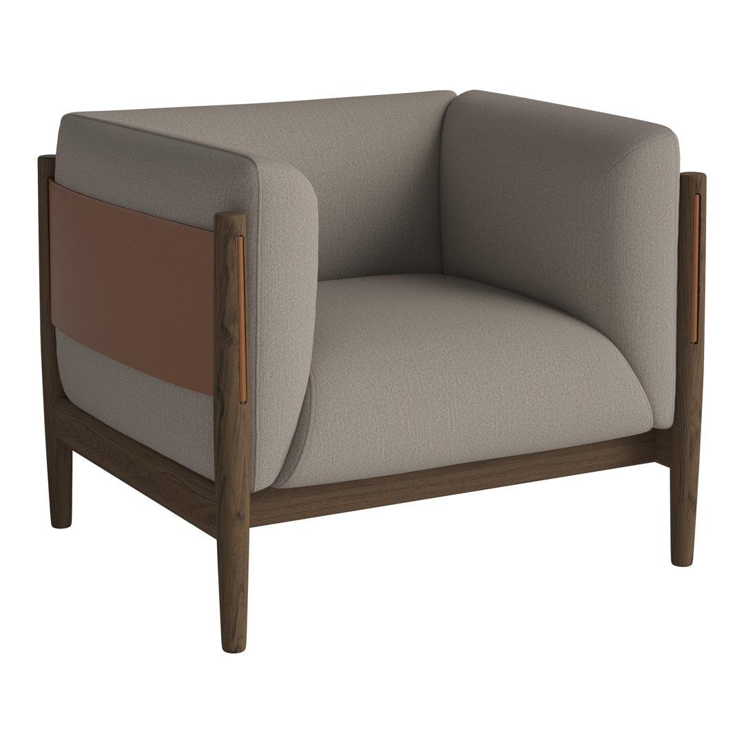 Modern armchair featuring gray upholstery and a brown leather accent with a sleek wooden frame.