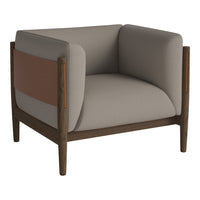 Modern armchair featuring gray upholstery and a brown leather accent with a sleek wooden frame.