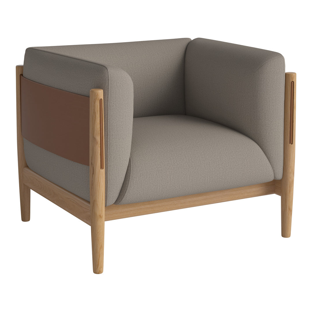 Modern armchair featuring a mix of gray and brown hues with a minimalist design and wooden legs.