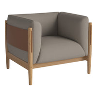 Modern armchair featuring a mix of gray and brown hues with a minimalist design and wooden legs.