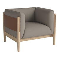 "Modern armchair with a mix of gray upholstery and a brown leather accent, featuring a light wood frame."