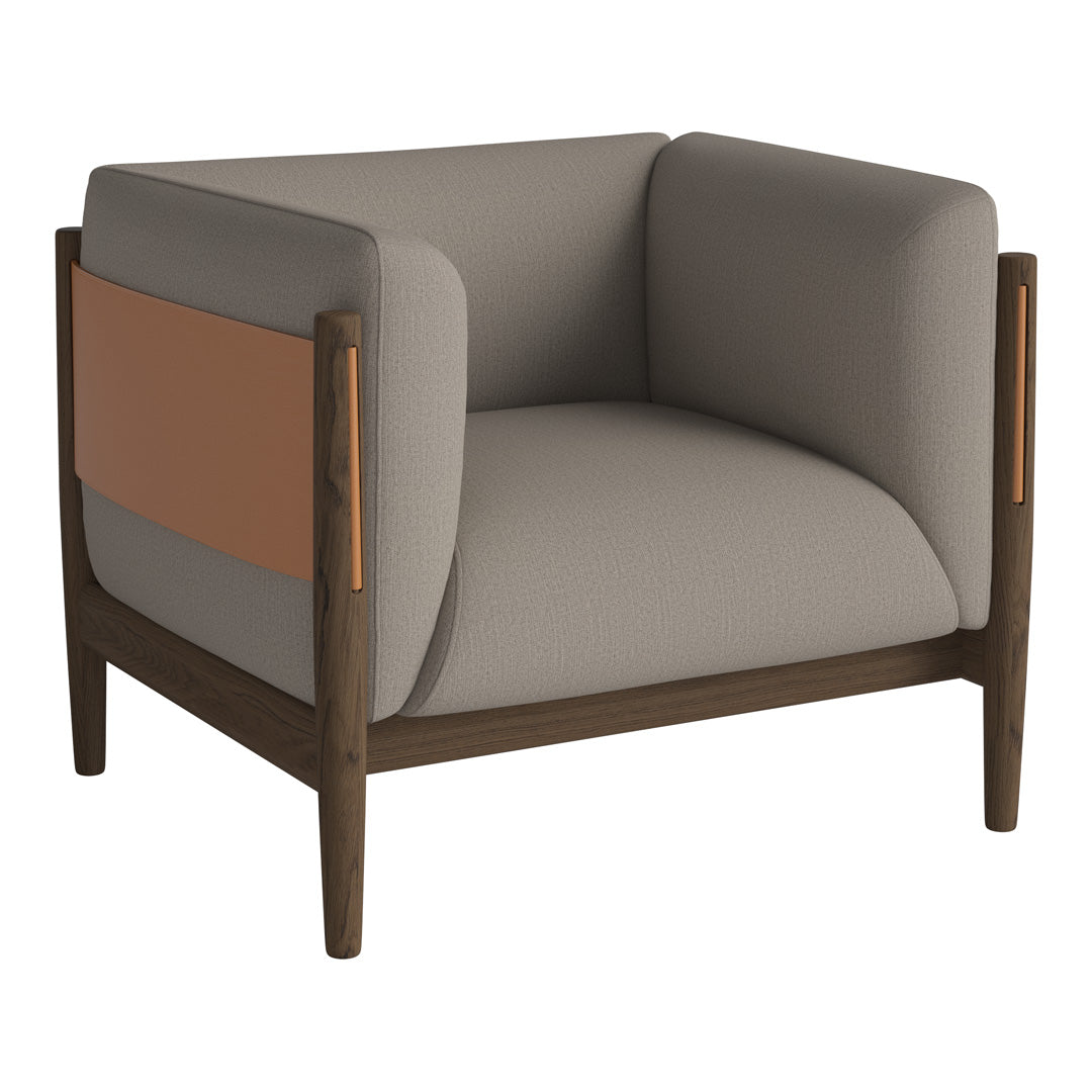 Stylish gray armchair with a brown accent panel and modern wooden legs, featuring clean lines and a minimalist design.
