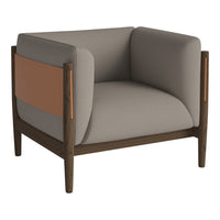 Stylish gray armchair with a brown accent panel and modern wooden legs, featuring clean lines and a minimalist design.