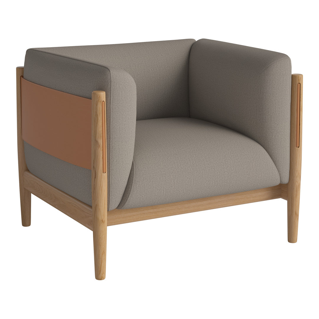 Modern armchair featuring gray upholstery with a brown accent, showcasing clean lines and a minimalist design.