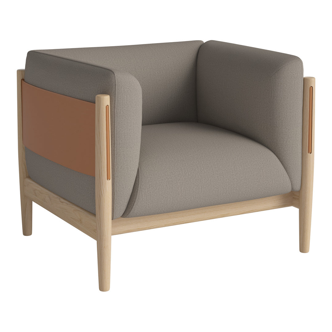 Modern chair featuring a mix of gray and light brown upholstery with a sleek wooden frame. Stylish and minimalist design.