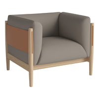 Modern chair featuring a mix of gray and light brown upholstery with a sleek wooden frame. Stylish and minimalist design.