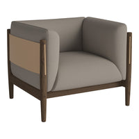 Modern armchair in soft beige and gray tones with a stylish wooden frame for a contemporary look.