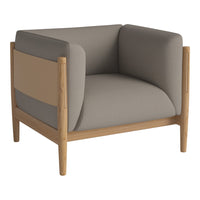 Stylish armchair in gray and beige with a modern wood frame and smooth, minimalist design. Perfect for contemporary spaces.