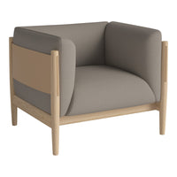 Modern armchair in soft gray and beige tones with a minimalist wood frame and smooth, curved upholstery design.