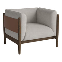 Light gray upholstered chair with a brown leather accent and wooden frame, featuring a modern, minimalistic design.