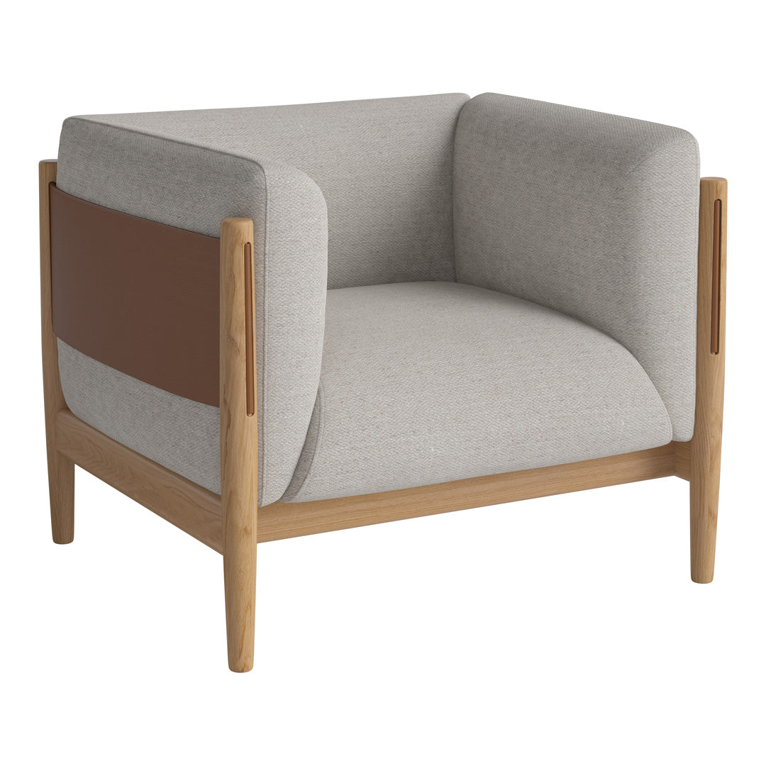 Light gray upholstered armchair with a brown accent, featuring a minimalist design and natural wood frame.
