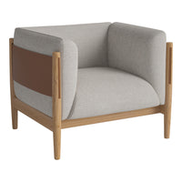 Light gray upholstered armchair with a brown accent, featuring a minimalist design and natural wood frame.