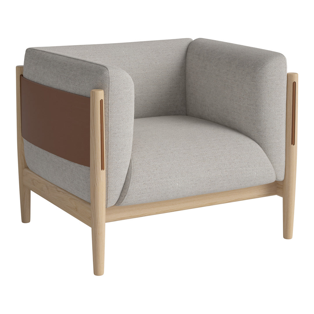 Gray and beige armchair with contrasting brown panel, featuring clean lines and natural wood legs. Modern design.