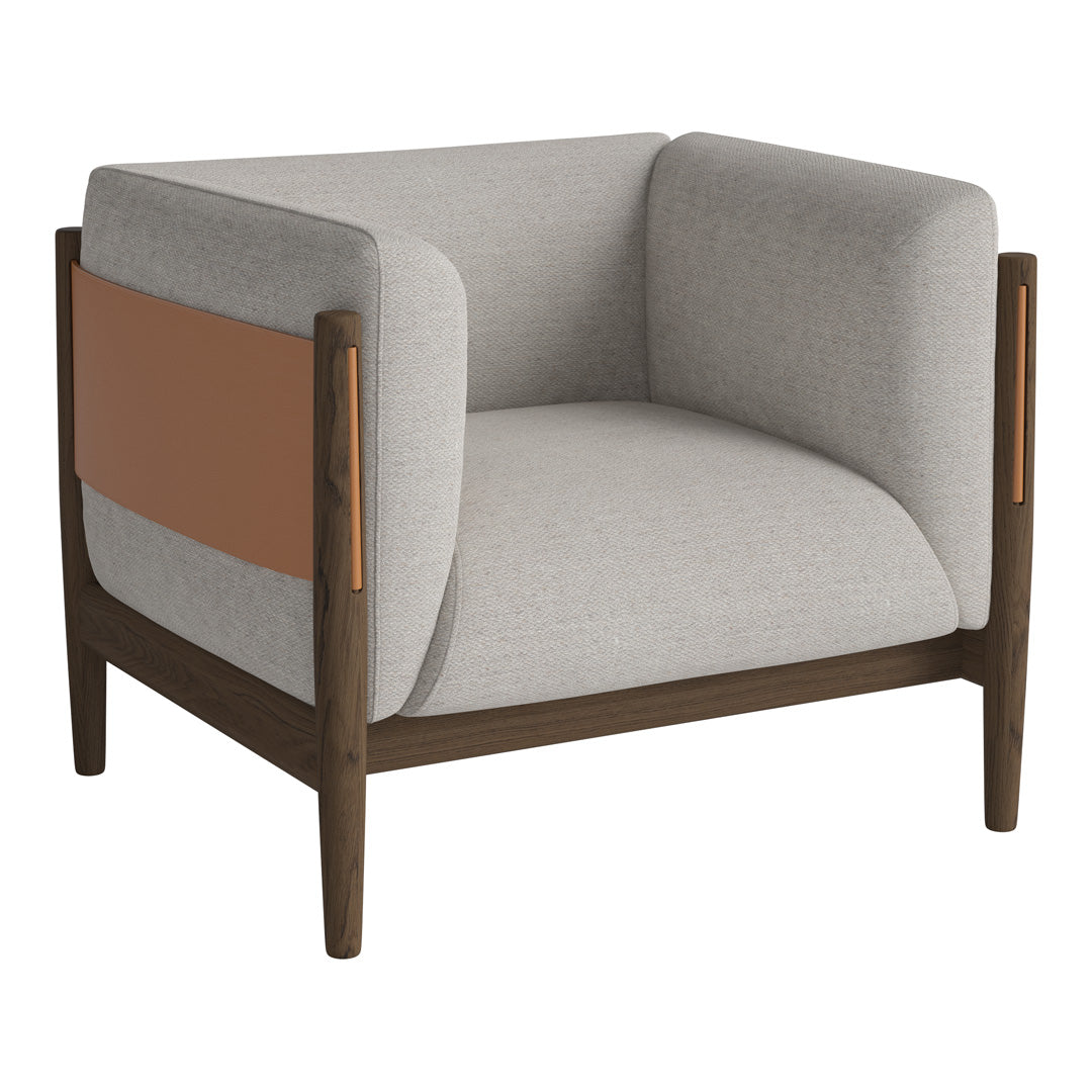 Light gray upholstered armchair with a brown accent panel and dark wood frame, featuring a modern minimalist design.