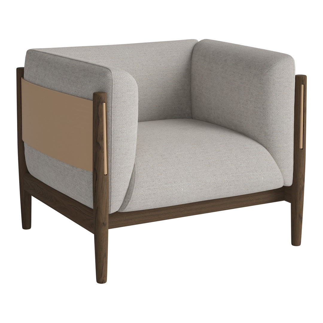 Modern armchair featuring light gray upholstery with a brown panel and rich walnut legs for a stylish finish.