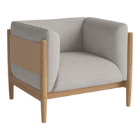 Light gray upholstered armchair with a natural wood frame and a smooth, minimalist design.