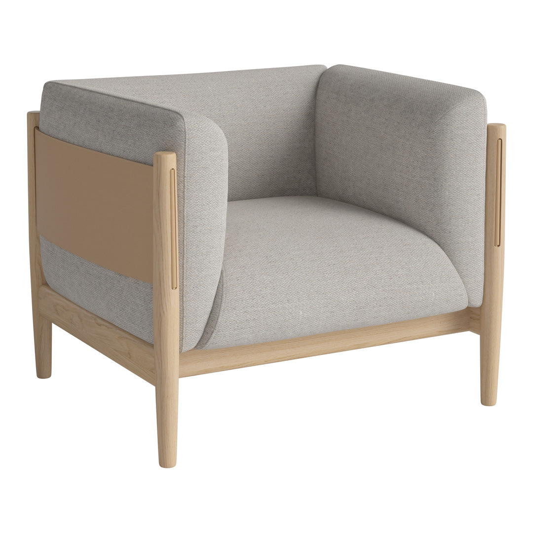 Gray upholstered armchair with beige accents and light wooden frame, showcasing a modern, minimalist design.