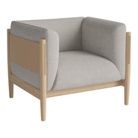 Gray upholstered armchair with beige accents and light wooden frame, showcasing a modern, minimalist design.