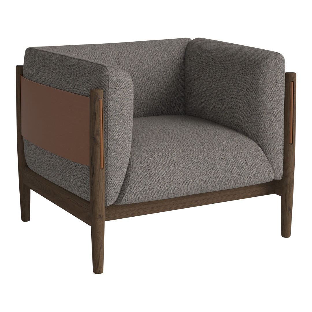 Gray upholstered armchair with a brown leather accent and wooden legs, featuring a minimalist design.