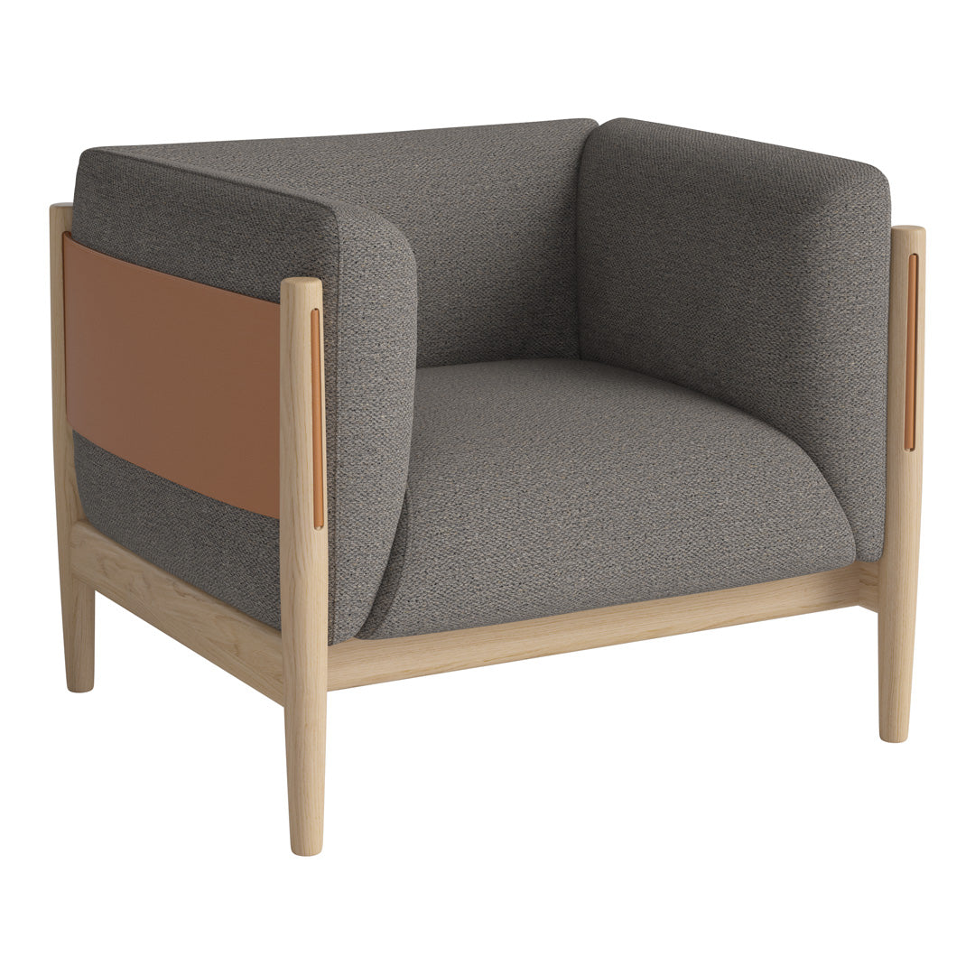 Gray upholstered armchair with a contrasting brown accent and natural wood frame, featuring a modern, minimalistic design.