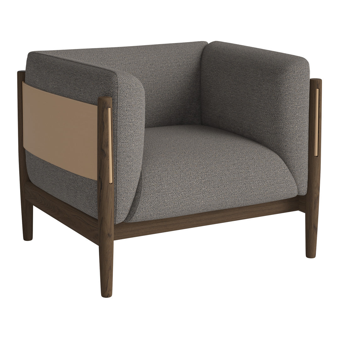 Gray upholstered armchair with a beige accent and dark wood frame, featuring a modern and minimalist design.