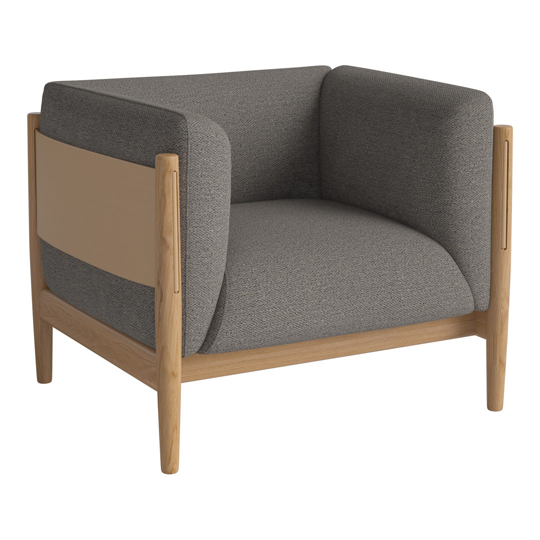 Gray upholstered armchair with light wood frame and muted beige accent, featuring a clean, modern design.