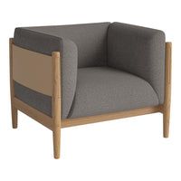Gray upholstered armchair with light wood frame and muted beige accent, featuring a clean, modern design.